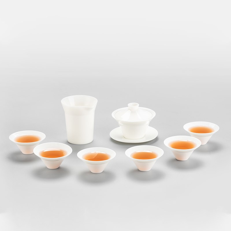 鸣盏羊脂玉瓷茶具八件套家用功夫茶具盖碗品茗杯公道杯泡茶套装