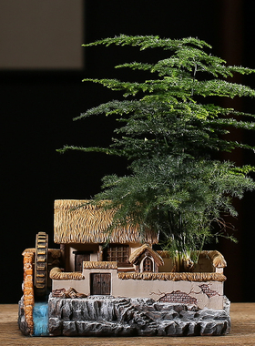 中式苏州园林微景观桌面树脂花盆摆件家居装饰客厅房子造景办公室