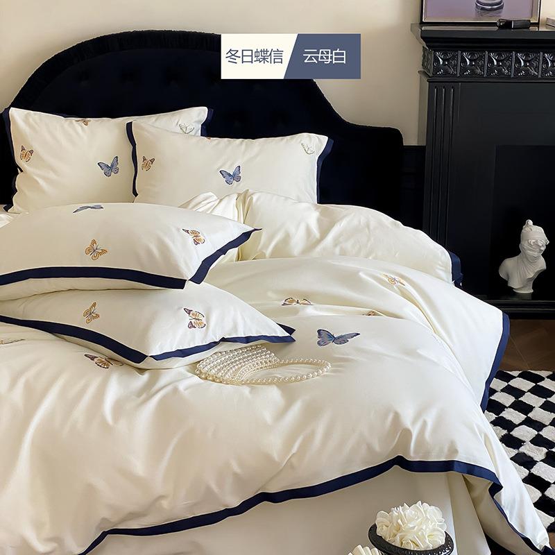 A类秋冬小清新100支全棉磨毛四件套森系蝴蝶刺绣被套加厚床上用品