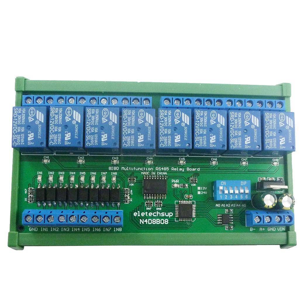 8输入8输出RS485继电器Modbus RTU协议DIN35轨道外壳PLC扩展板 - 实物图