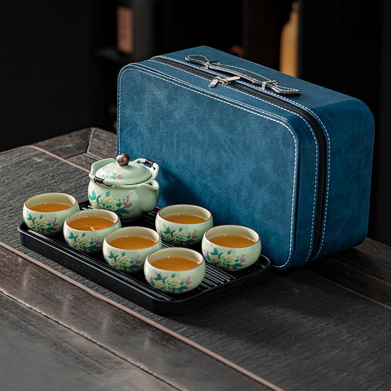 汝窑芙蓉花旅行茶具套装一壶六杯便携式快客杯露营喝茶装备小套装