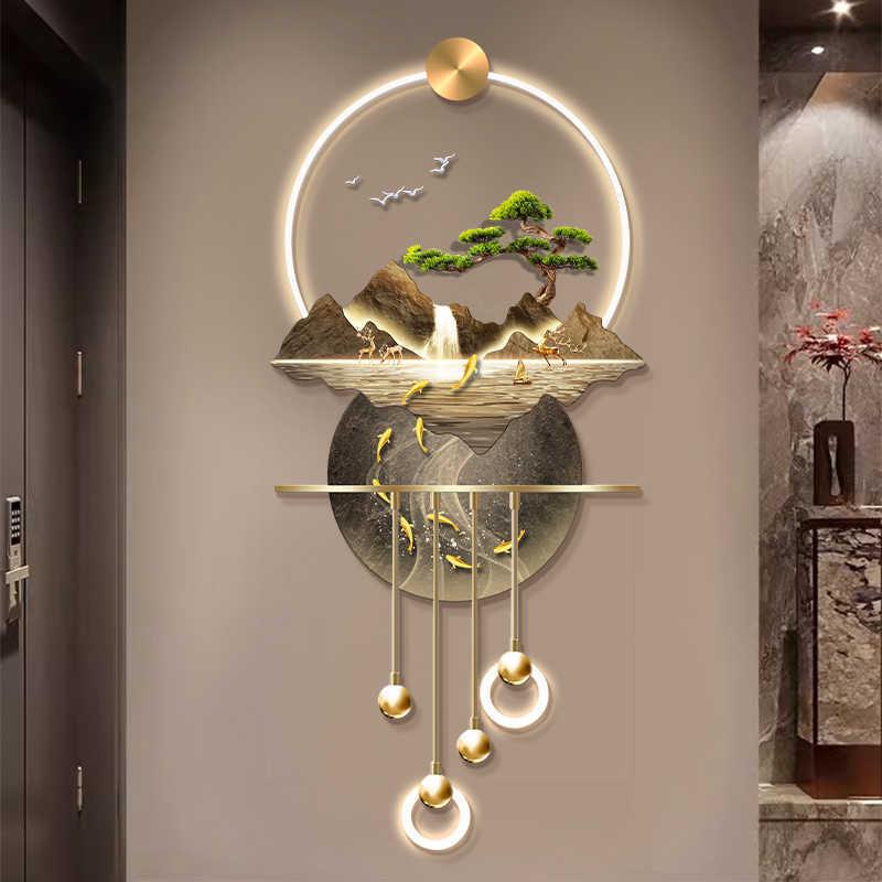 流水生财玄关装饰画山水高档立体LED壁灯新中式入户走廊过道挂画