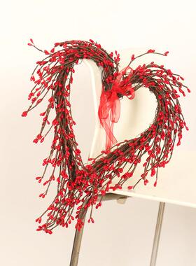 鸿禹 春夏婚礼装饰门挂心形红色果插花环 情人节装饰壁挂家居挂件