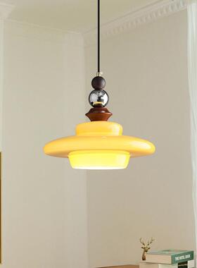 中古实木餐厅吊灯简约复古风奶油橙色玻璃灯罩餐桌灯具