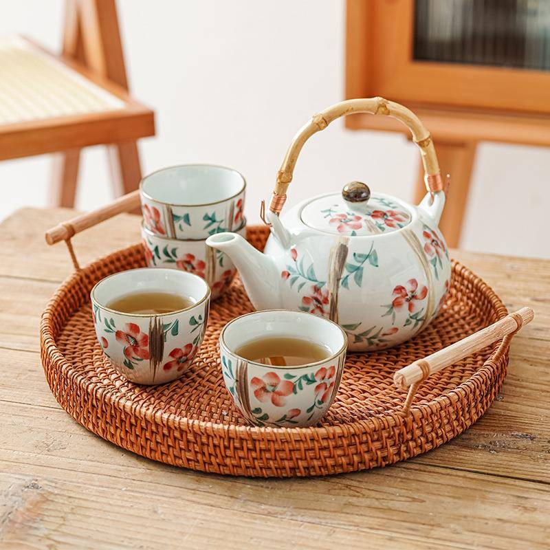 手绘简约高温陶瓷茶具套装秋语田园风茶壶茶杯五件套商用送礼茶具