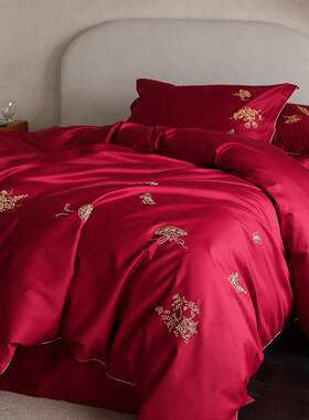 100S高支结婚庆小清新日用全棉四件套大红色金线刺绣纯棉床上用品