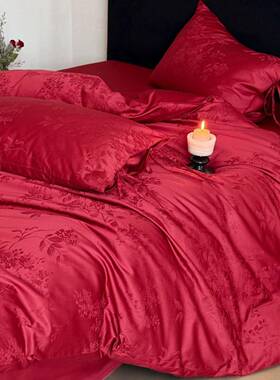 轻奢风简约花卉提花红色长绒棉四件套全棉绑带式枕套四季款可裸睡