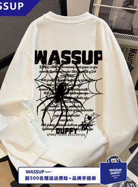 WASSUP潮酷蜘蛛印花男女同款上衣美式100%纯棉T恤ins秋冬白色长袖
