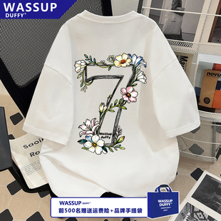 WASSUP夏季白色上衣ins流行花朵数字印花T恤100%纯棉男女同款短袖