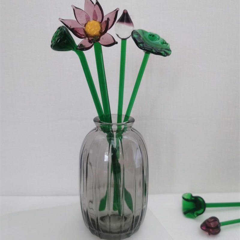 手工玻璃夏日荷花双层卷叶莲蓬客厅桌面家居装饰仿真摆件小口瓶