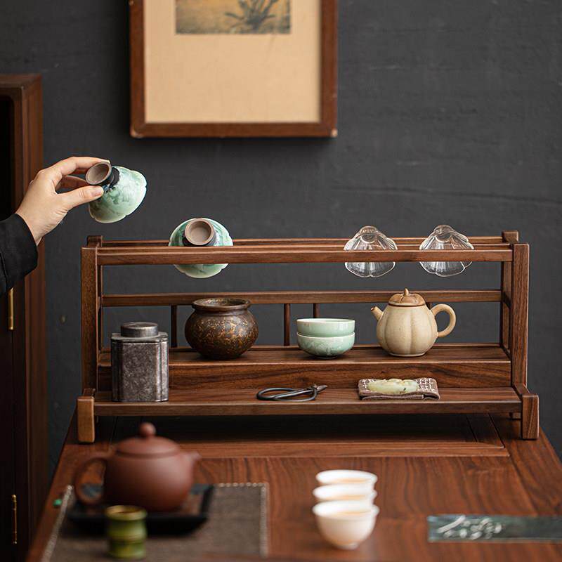 北美12309黑胡桃原木物架茶茶文玩架茶壶具架茶道架沥水双杯层置