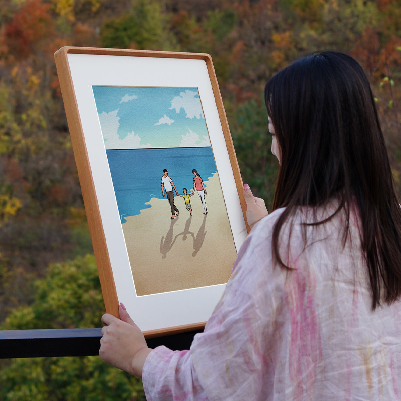 原木风一家三口家庭温馨装饰画治愈系卡通卧室餐厅儿童房床头挂画