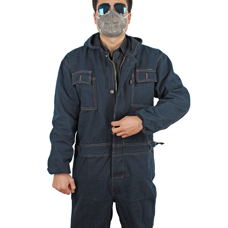 电焊防护服连体牛仔工作服加厚连体带帽防尘服焊工劳防污服喷漆服