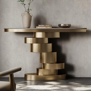 轻奢门厅入户代简约不锈钢板走廊别墅大6001F 理石岩玄关桌圆椭现