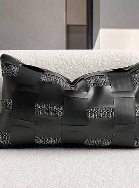 现代简约样间板靠枕沙发宿靠垫色小肌理镂BVI空皮革黑腰靠民酒店