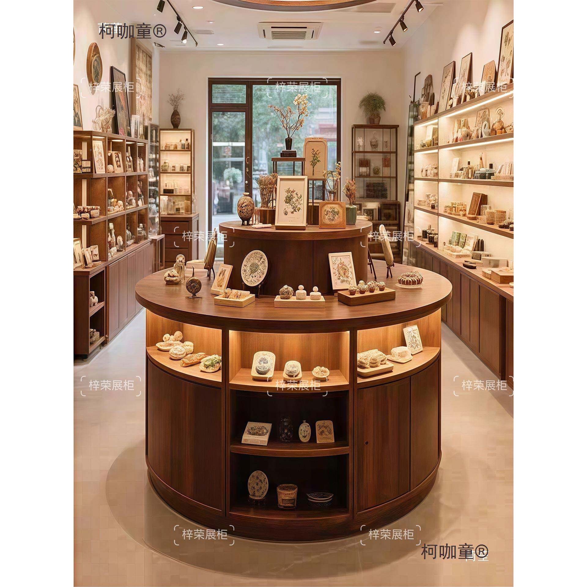 实木圆形中岛台展示台柱陈940列品柜饰品商用产展圆示柜中店岛麦