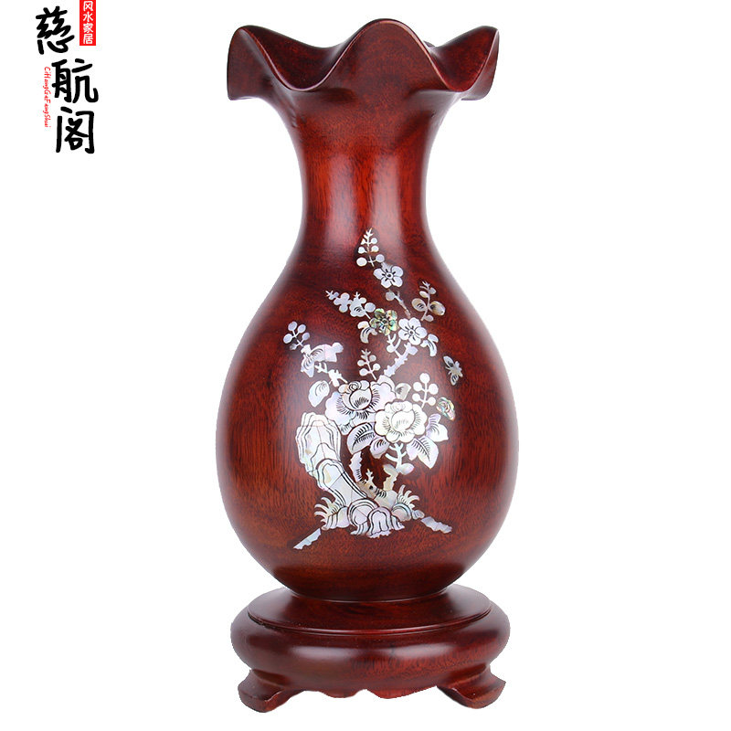 桃木花瓶摆件木雕花瓶镶嵌彩色贝壳家居装饰摆设木雕工艺品礼品