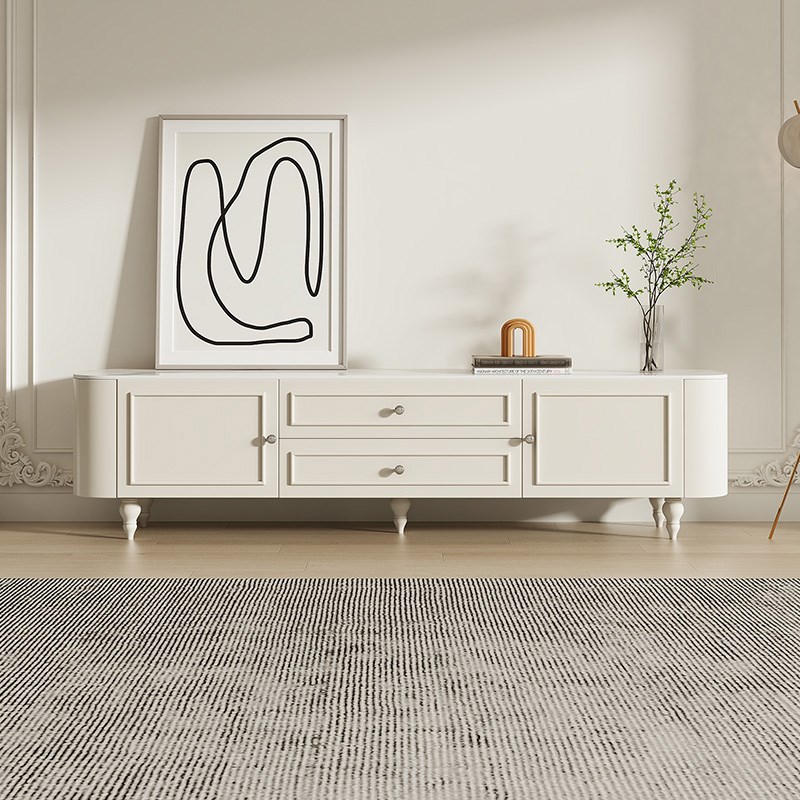 法式奶油风电视柜茶几套装小户型客厅现代简约白色烤漆岩板地柜组