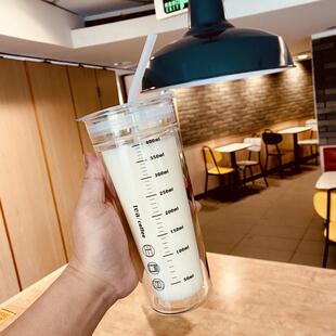 水杯女双层玻璃吸管杯杯子办公室大容量耐高温刻度值高带颜500ml