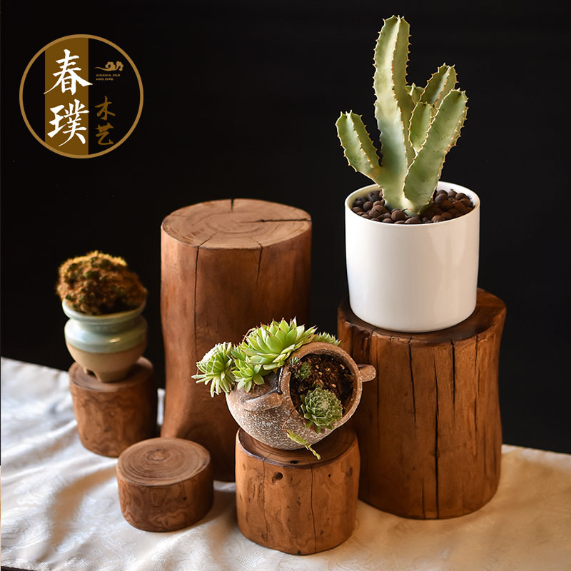原木花盆底座实木墩子客厅花架插花摆件茶桌茶几大板配凳风化树桩