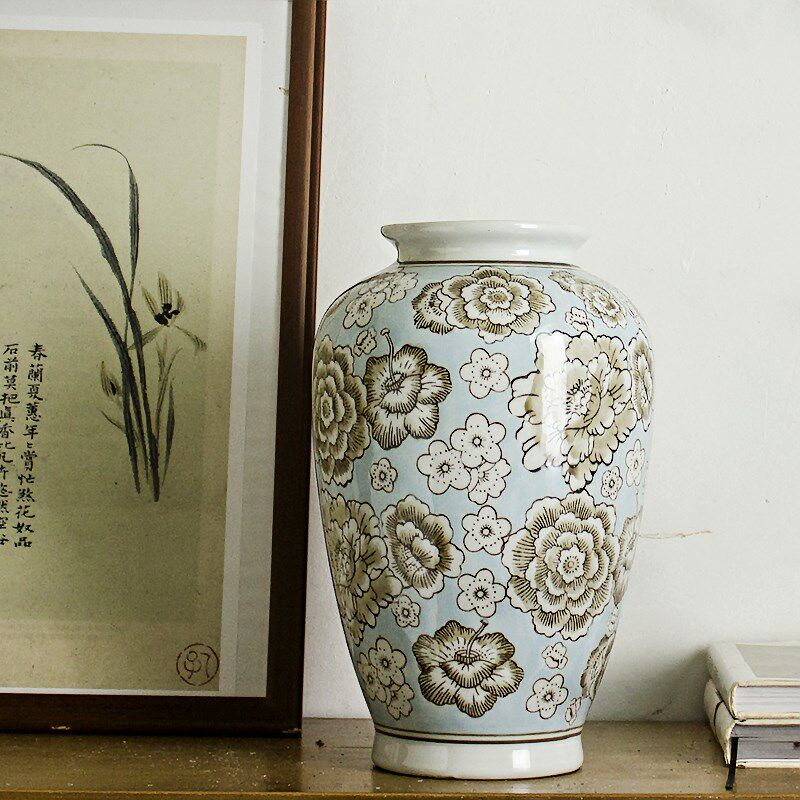 中式陶瓷花瓶浅绿色高花瓶客厅高级瓷瓶装饰摆件水培鲜花瓷器瓶