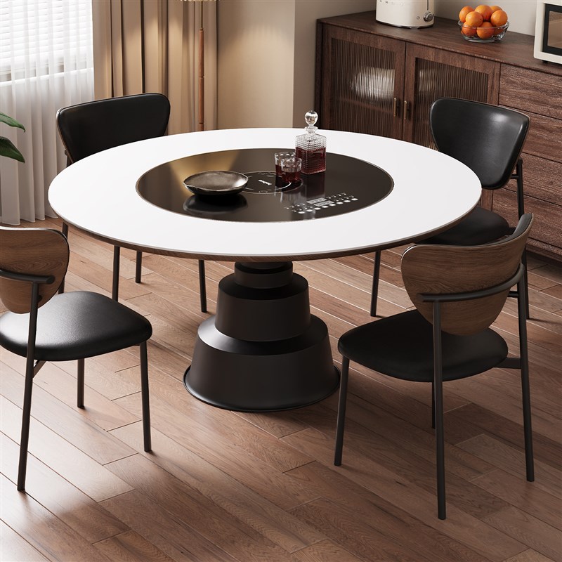岩板餐桌家用小户型现代简约内嵌电磁炉智能转盘实木圆形饭桌组合
