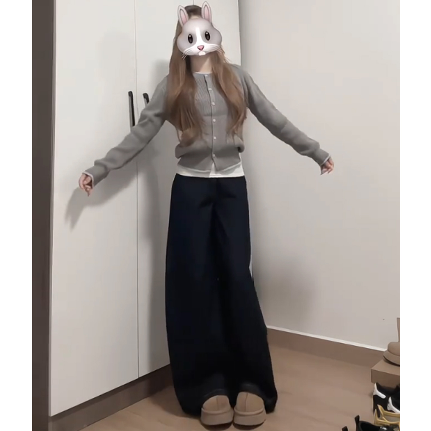 深蓝色加绒加厚阔腿牛仔