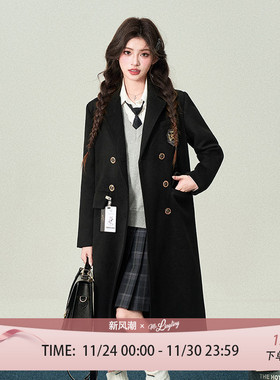 花铃太太jk正肩长款黑色大衣女秋冬款高级感学院风双排扣韩系外套