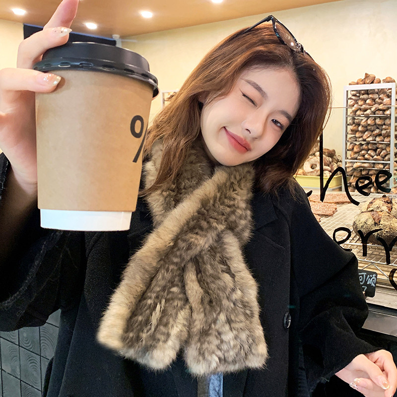 韩版真兔毛编织围巾女秋冬双面加厚保暖围脖高级感百搭皮草毛领子