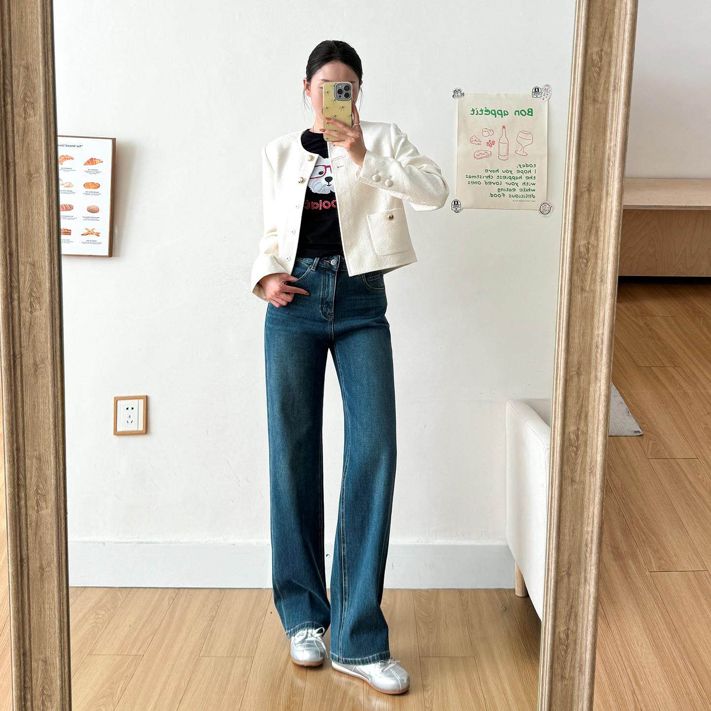 加绒~四面弹直筒牛仔裤女2025冬新款高腰修身显瘦窄版阔腿长裤