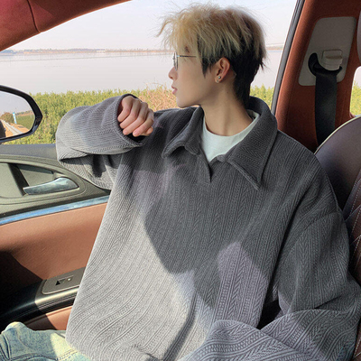 麦穗纹Polo领卫衣男秋季新款潮牌加绒长袖T恤美式宽松休闲外套男