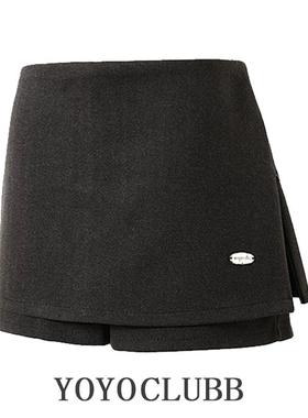 YOYOCLUBB假两件毛呢半身裙2025冬大码短裙显瘦高腰灰色复古裙裤