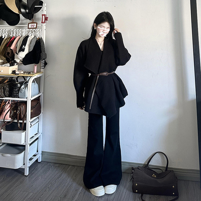 2025新款慵懒风韩系高级感黑色翻领针织开衫毛衣外套女秋冬小个子