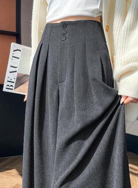 加绒加厚毛呢西装阔腿裤女秋冬高腰显瘦宽松垂感梨型身材拖地裤裙