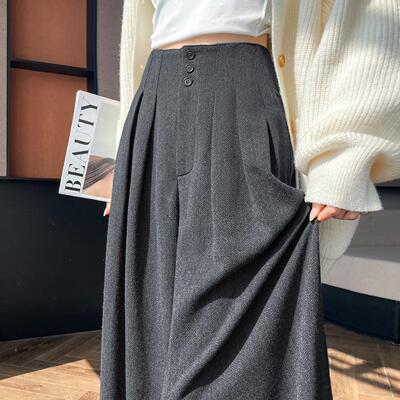加绒加厚毛呢西装阔腿裤女秋冬高腰显瘦宽松垂感梨型身材拖地裤裙