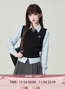 花铃太太原创jk制服清谭大韩式制服背心女款针织叠穿学院风黑马甲