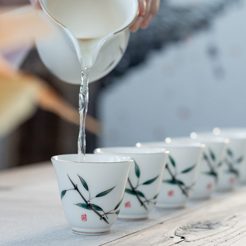 德化陶瓷手绘功夫茶具套装白瓷整套茶杯盖碗羊脂玉竹办公室礼品