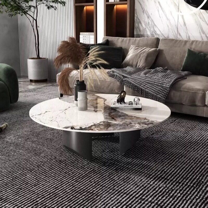 意式钢化玻璃茶几家用小户型客厅沙发茶几桌设计师款圆形岩板茶几