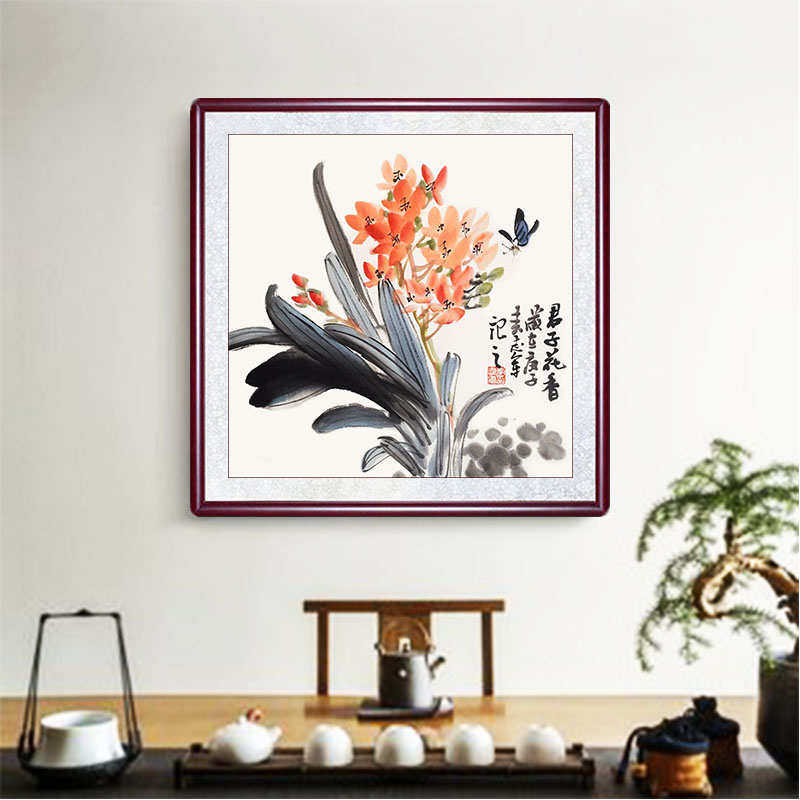 客厅三联画手绘国画兰花装饰画新电梅兰竹菊挂画遮箱餐厅牡丹中式