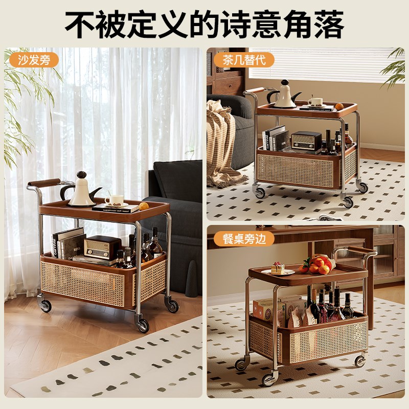 可移动边几小推车客厅沙发茶几边柜中古风实木床头收纳置物架餐车