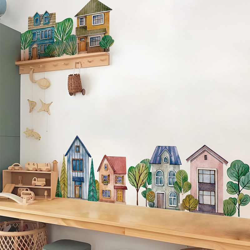 丹麦儿童房绘本风墙贴田园房子插画可爱装饰幼儿园不透明布纹贴纸