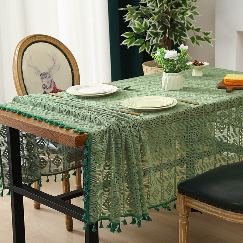 田园涤棉镂空钩花餐桌布米色茶几布流苏台布床头柜边柜电视柜盖巾
