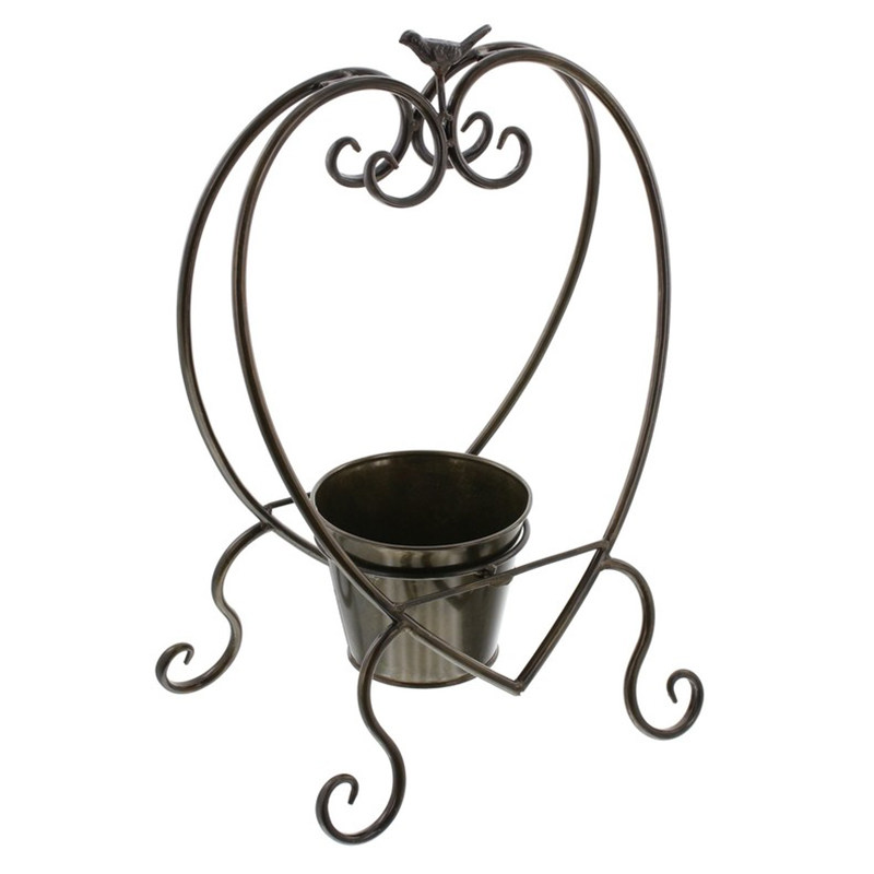 光面铁艺花桶花盆架子可爱心形小鸟装饰花架桶架桌面花盆花桶立架