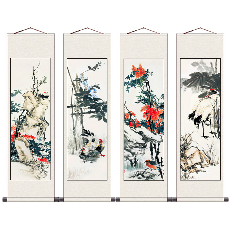 花鸟四条屏挂画春夏秋冬酒店壁画电视机背景墙装饰画仿古花卉礼品