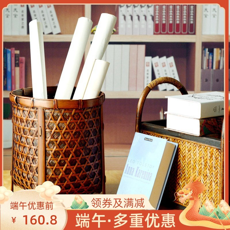 卷轴收纳筐字画桶防水防潮宣纸收纳桶书画筒桶圆形竹编收纳筐影视