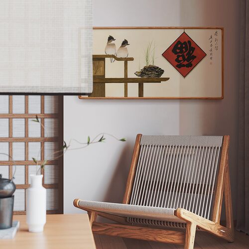 横版花鸟床头挂画新中式古典双联沙发背景墙水墨日式民宿酒店挂画