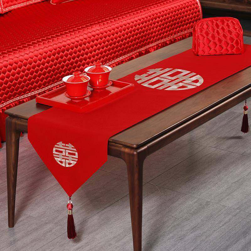 结婚桌旗茶几餐桌布喜字婚礼红色斗柜电视柜婚房缎面轻奢高端床旗
