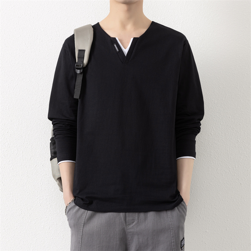 加绒v领长袖t恤男士秋冬季2025新款潮流纯棉打底衫宽松假两件卫衣