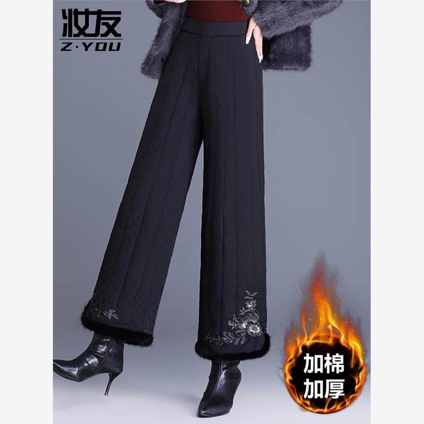 女式棉裤2025冬季新款中年妈妈外穿新中式绣花夹棉直筒裤阔腿裤子