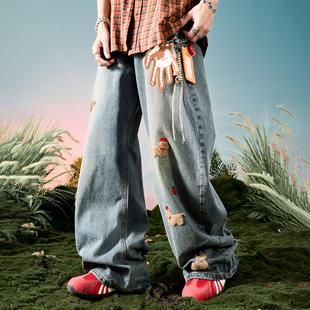 男2025秋新款 水洗做旧宽松长裤 风刺绣小狗阔腿牛仔裤 Nuthink美式